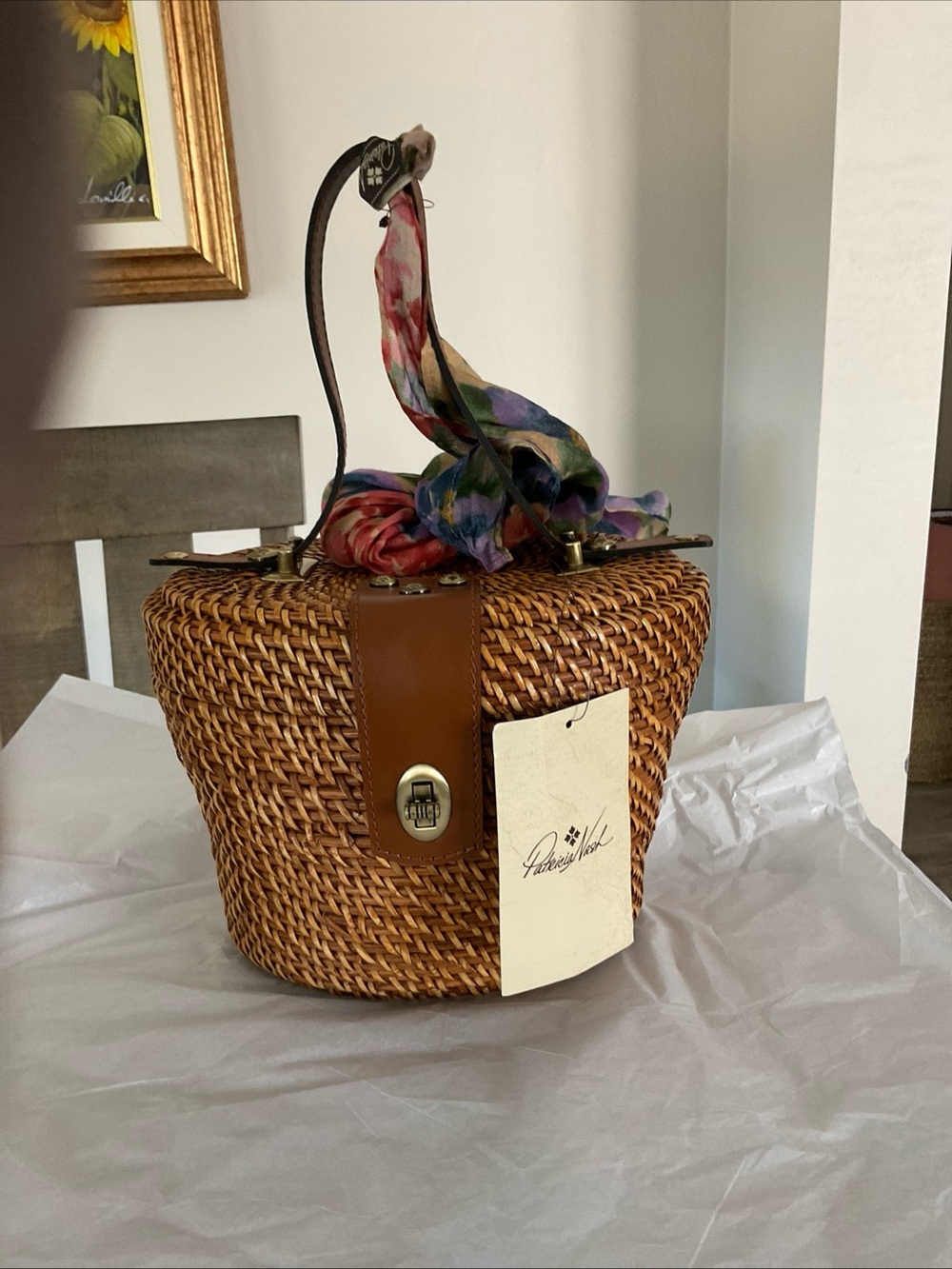 New Patricia Nash Caselle Small Wicker Basket Bag with Leather Trim and scarf - Picture 3 of 13